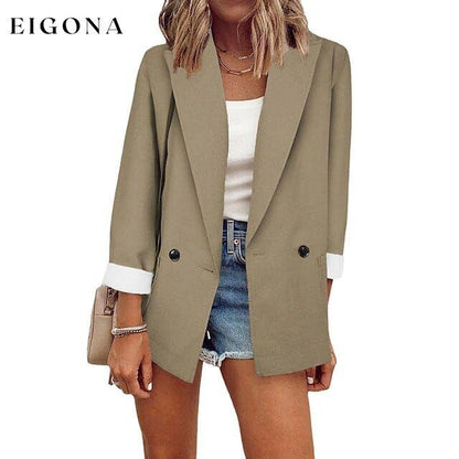 Women's Basic Double Breasted Solid Colored Blazer Khaki __stock:200 Jackets & Coats refund_fee:1200
