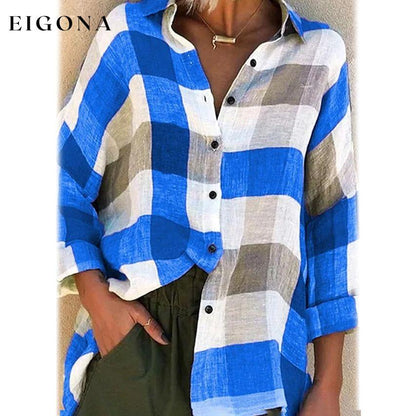 Women's Basic Loose Checkered Long Sleeve Shirt Blue __stock:200 clothes refund_fee:1200 tops