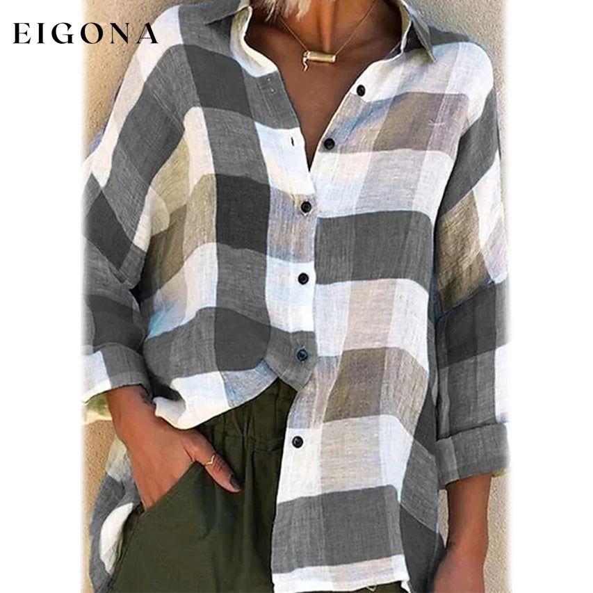Women's Basic Loose Checkered Long Sleeve Shirt Gray __stock:200 clothes refund_fee:1200 tops