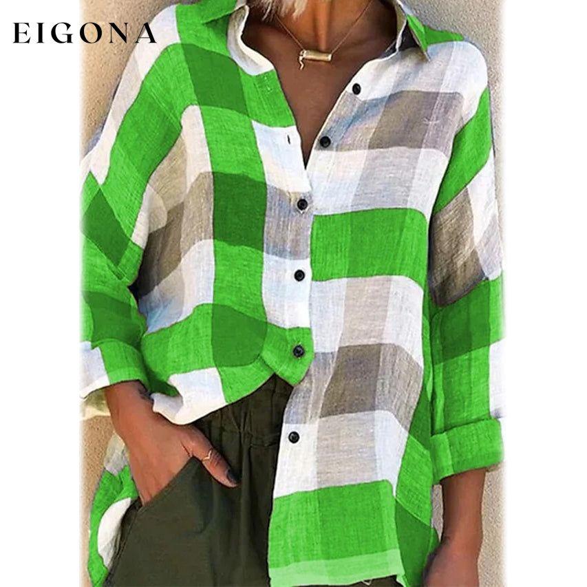 Women's Basic Loose Checkered Long Sleeve Shirt Green __stock:200 clothes refund_fee:1200 tops