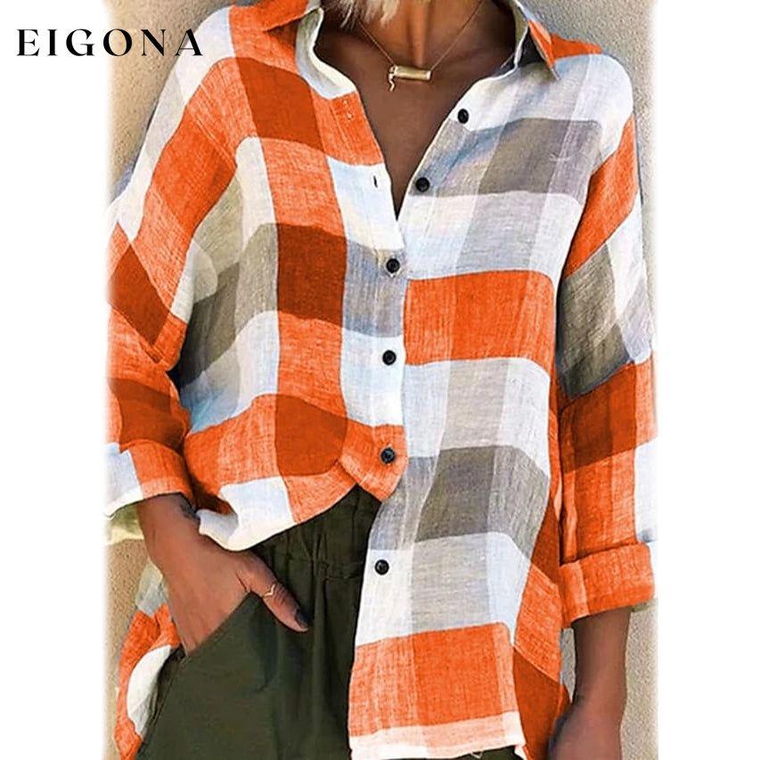 Women's Basic Loose Checkered Long Sleeve Shirt Orange __stock:200 clothes refund_fee:1200 tops