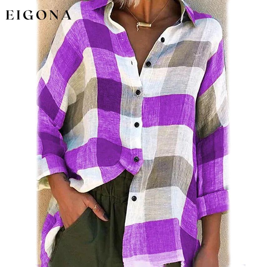 Women's Basic Loose Checkered Long Sleeve Shirt Purple __stock:200 clothes refund_fee:1200 tops