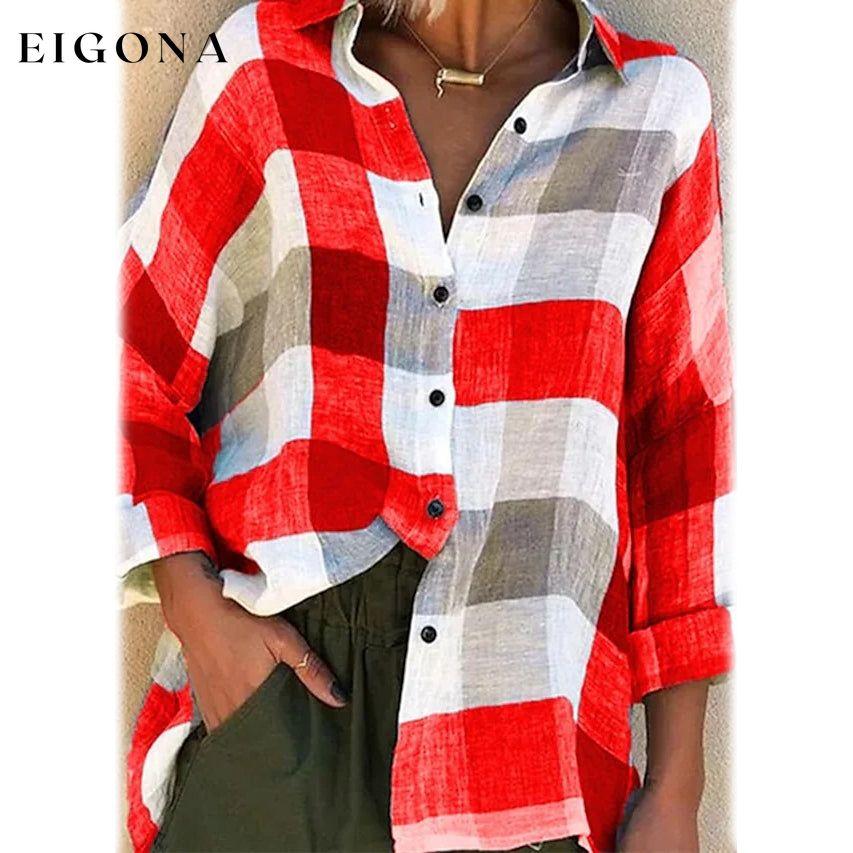 Women's Basic Loose Checkered Long Sleeve Shirt Red __stock:200 clothes refund_fee:1200 tops