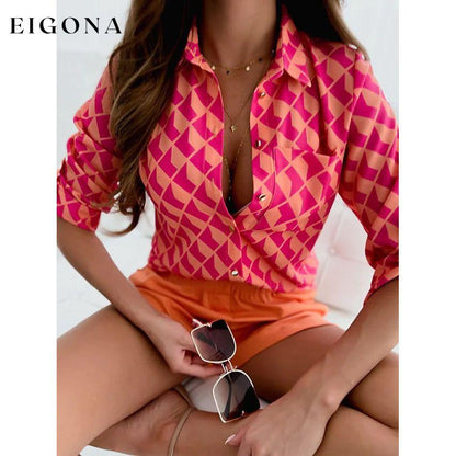 Women's Blouse Shirt Button Pocket Long Sleeve Fuchsia __stock:200 clothes refund_fee:1200 tops