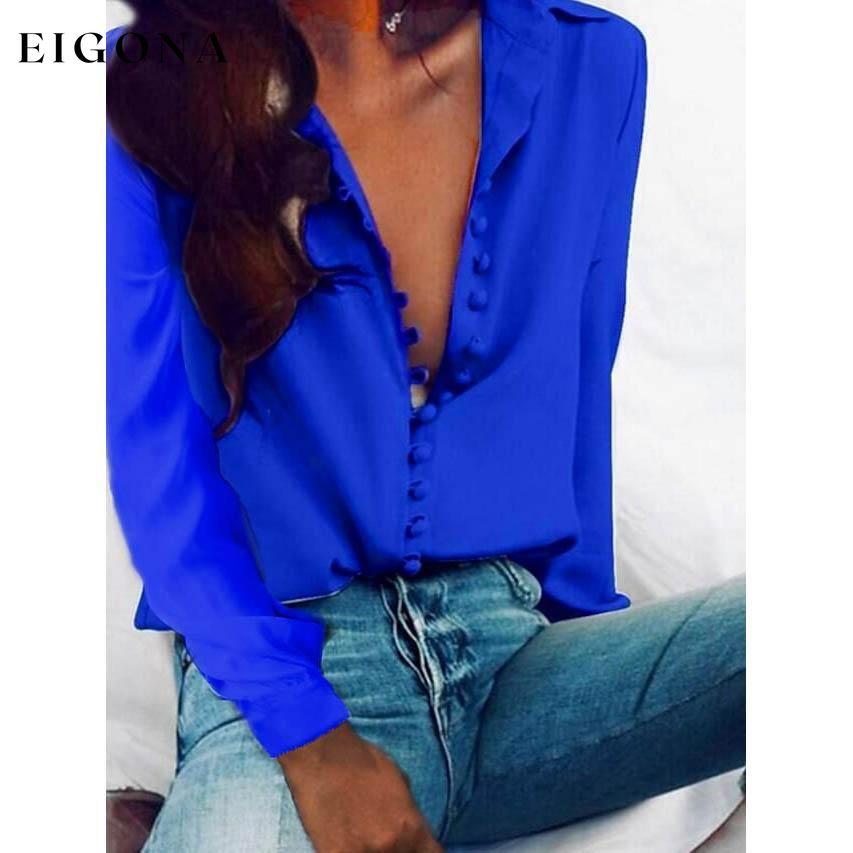 Women's Blouse Shirt Solid Colored Long Sleeve Button V Neck Basic Tops Royal Blue __stock:200 clothes refund_fee:800 tops
