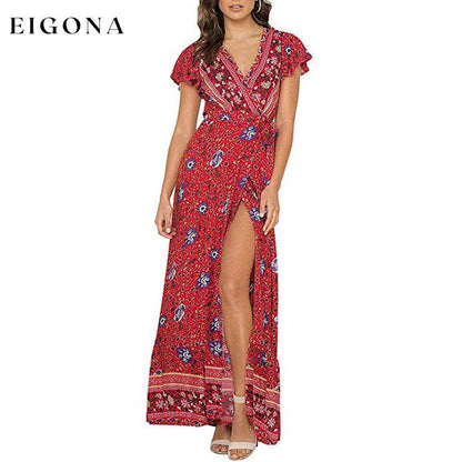 Women's Bohemian Floral Printed Wrap V Neck Maxi Dress Red __stock:200 casual dresses clothes dresses refund_fee:1200