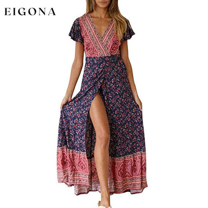 Women's Bohemian Floral Printed Wrap V Neck Maxi Dress Navy Red __stock:200 casual dresses clothes dresses refund_fee:1200