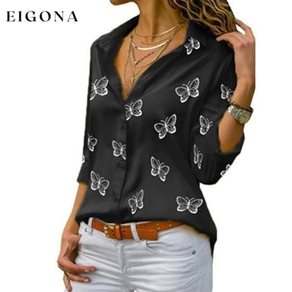 Women's Butterfly Long Sleeve Print Shirt Collar Basic Tops Black __stock:200 clothes refund_fee:800 tops