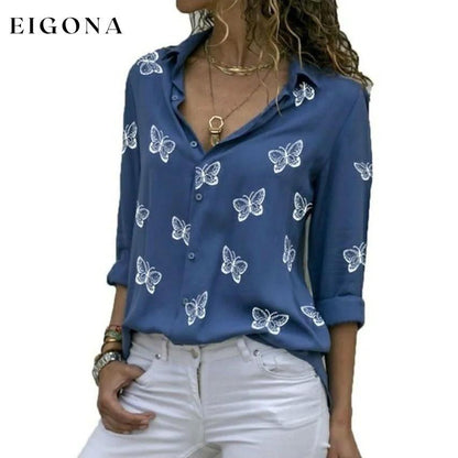 Women's Butterfly Long Sleeve Print Shirt Collar Basic Tops Blue __stock:200 clothes refund_fee:800 tops