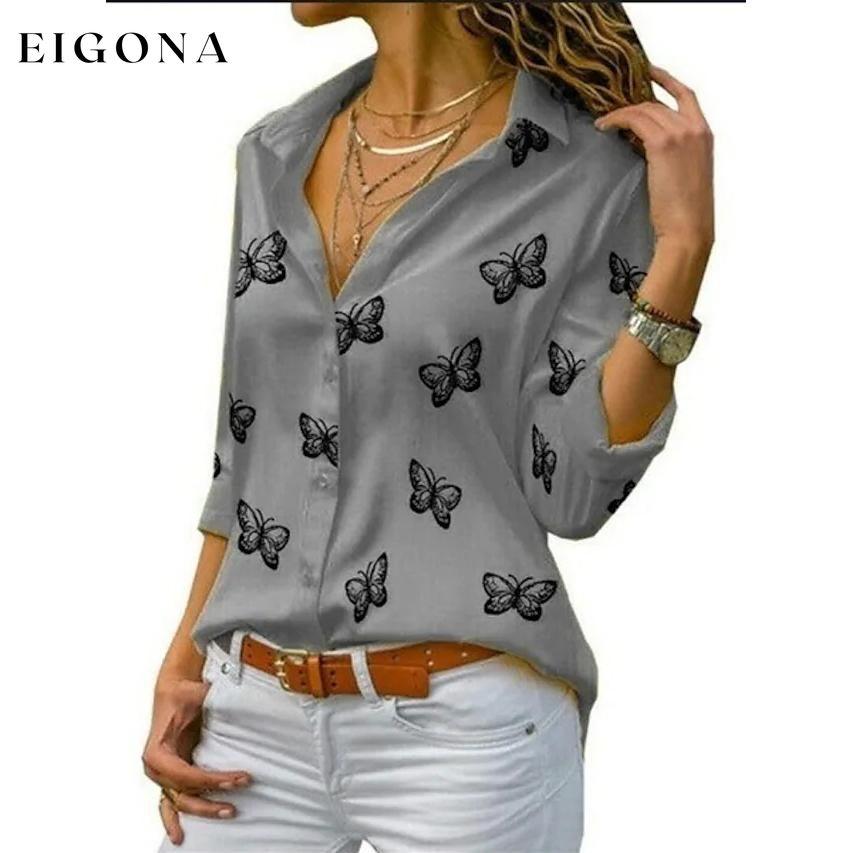 Women's Butterfly Long Sleeve Print Shirt Collar Basic Tops Gray __stock:200 clothes refund_fee:800 tops