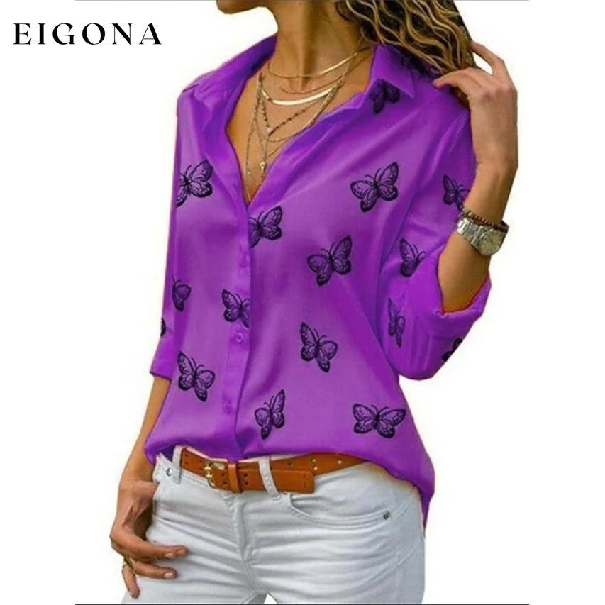 Women's Butterfly Long Sleeve Print Shirt Collar Basic Tops Purple __stock:200 clothes refund_fee:800 tops