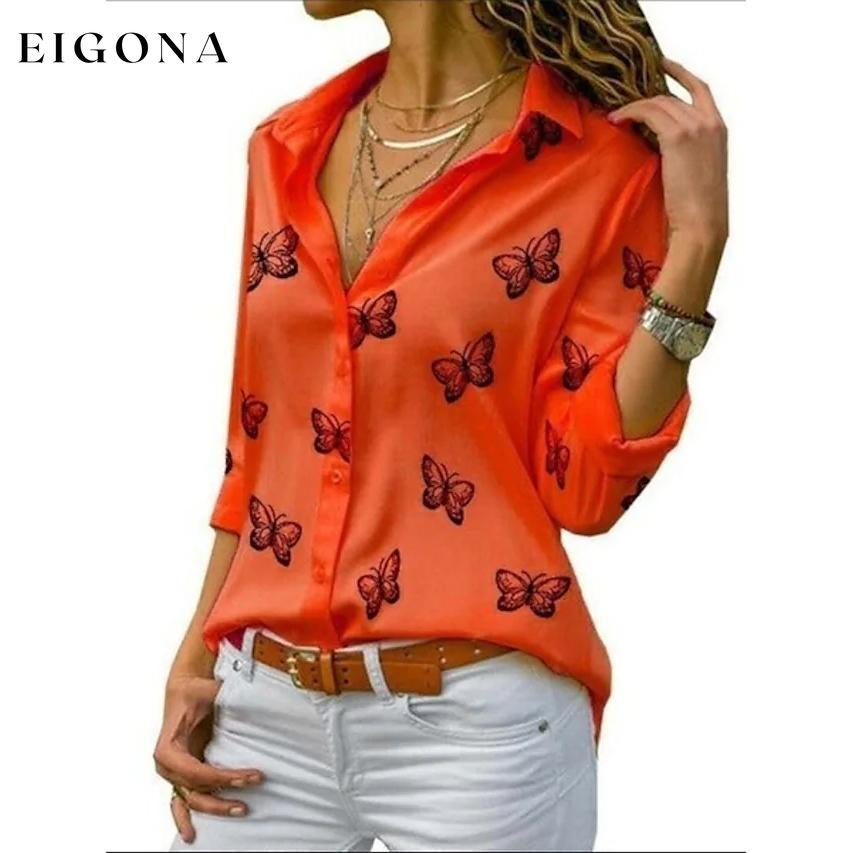 Women's Butterfly Long Sleeve Print Shirt Collar Basic Tops Red __stock:200 clothes refund_fee:800 tops