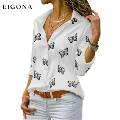 Women's Butterfly Long Sleeve Print Shirt Collar Basic Tops White __stock:200 clothes refund_fee:800 tops