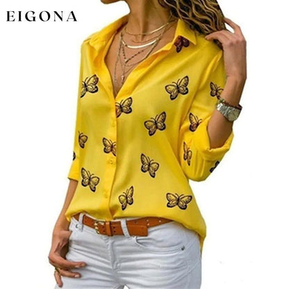 Women's Butterfly Long Sleeve Print Shirt Collar Basic Tops Yellow __stock:200 clothes refund_fee:800 tops
