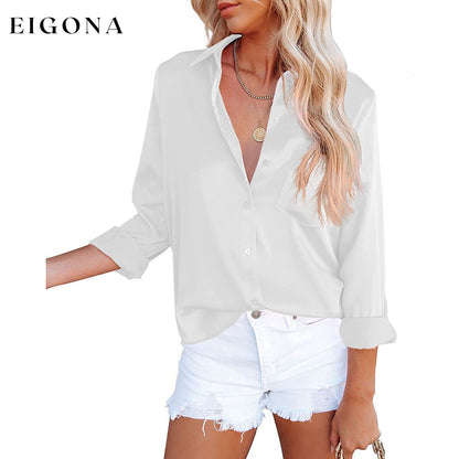 Women's Button Down Shirts Satin V Neck Long Sleeve __stock:200 clothes refund_fee:1200 tops