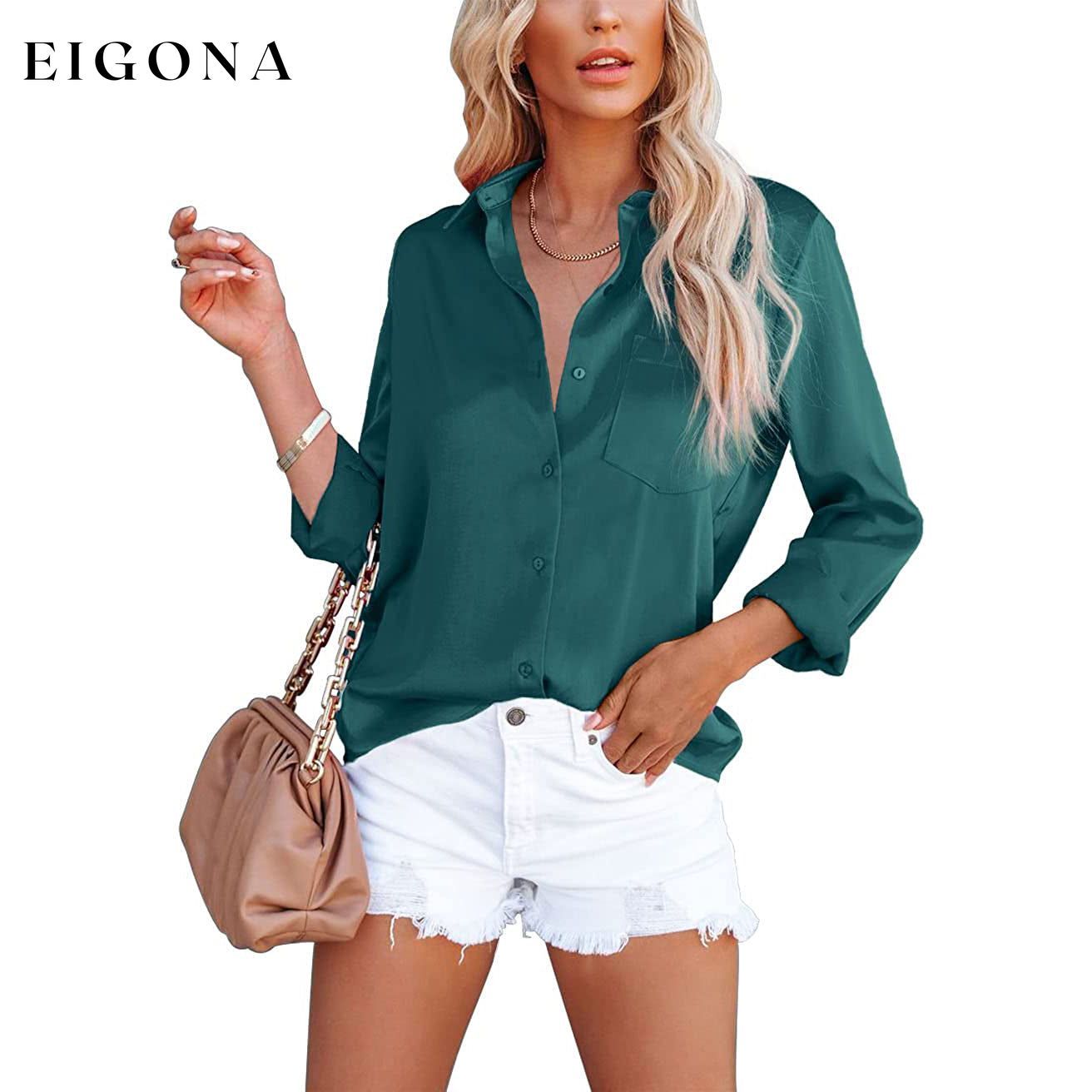 Women's Button Down Shirts Satin V Neck Long Sleeve Dark Green __stock:200 clothes refund_fee:1200 tops