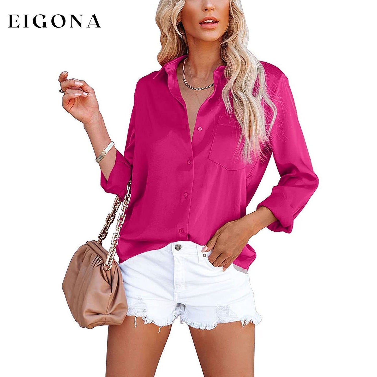 Women's Button Down Shirts Satin V Neck Long Sleeve Rose Red __stock:200 clothes refund_fee:1200 tops
