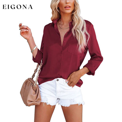 Women's Button Down Shirts Satin V Neck Long Sleeve Wine Red __stock:200 clothes refund_fee:1200 tops