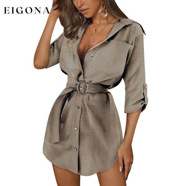 Women's Buttons Turn-Down Casual Shirt Dress Khaki __stock:200 casual dresses clothes dresses refund_fee:1200