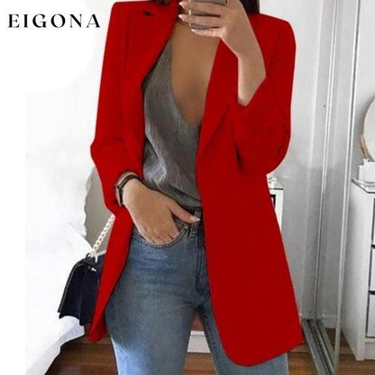 Womens Cardigan Jackets Open Front Solid Color Casual Oversized Long Blazer Red __stock:50 Jackets & Coats refund_fee:1200