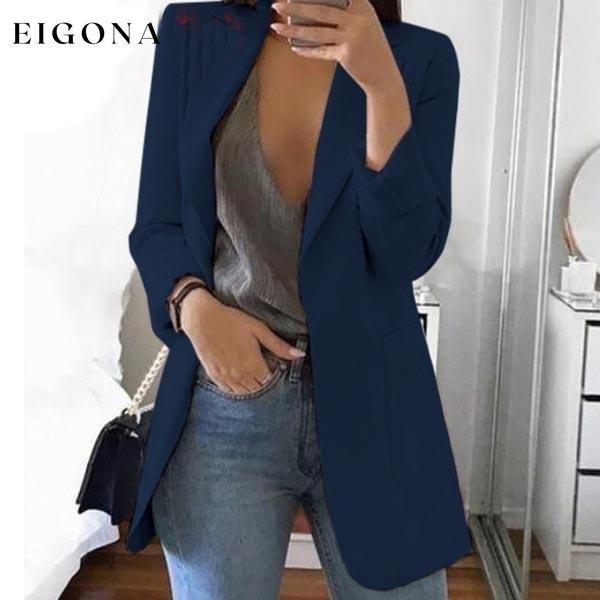 Womens Cardigan Jackets Open Front Solid Color Casual Oversized Long Blazer Dark Blue __stock:50 Jackets & Coats refund_fee:1200