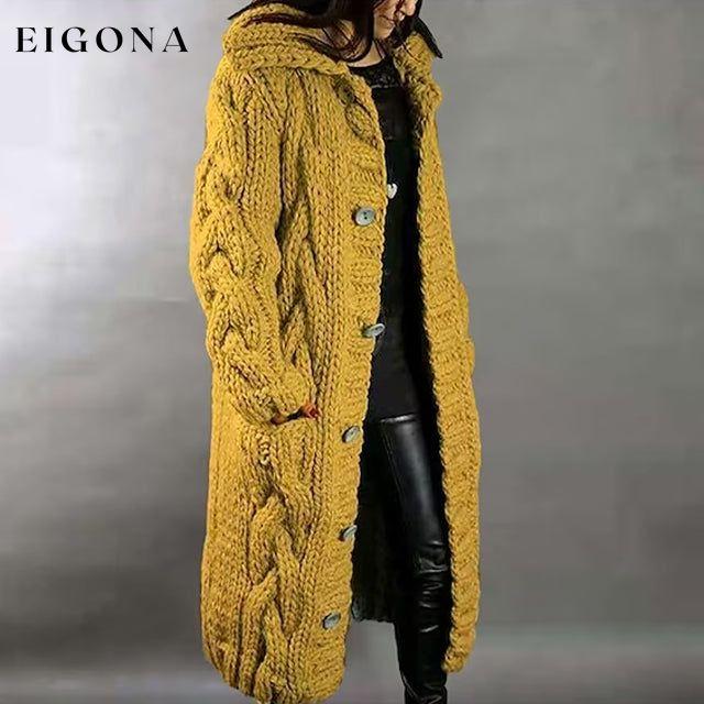 Women's Cardigan Sweater Jumper Cable Chunky Knit Hooded Solid Color Open Front Yellow __stock:200 Jackets & Coats refund_fee:1800
