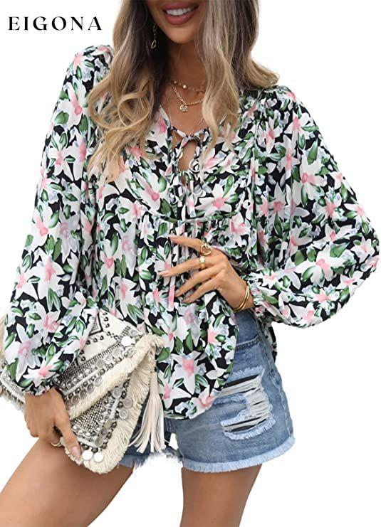 Women's Casual Boho Floral Print V Neck Long Sleeve Top Black __stock:200 clothes refund_fee:1200 tops