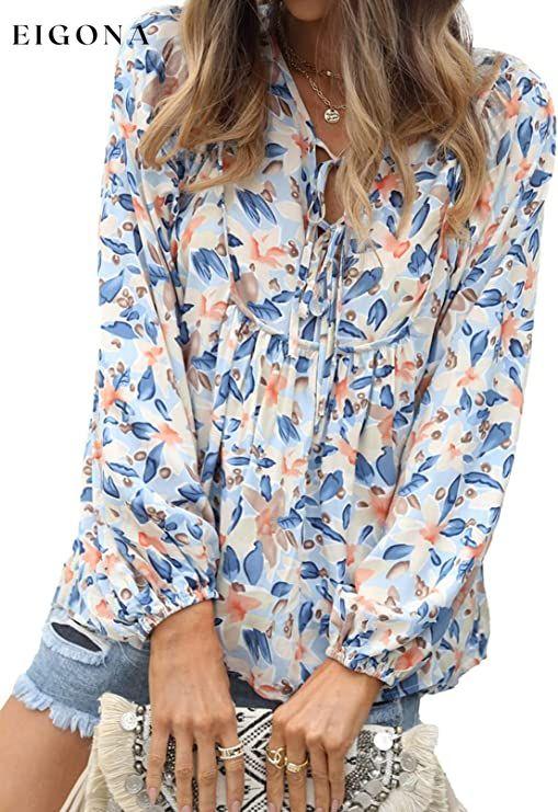 Women's Casual Boho Floral Print V Neck Long Sleeve Top Blue __stock:200 clothes refund_fee:1200 tops