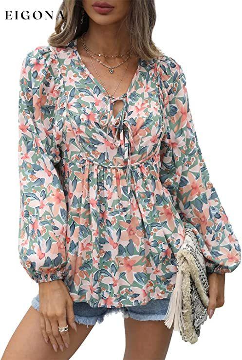 Women's Casual Boho Floral Print V Neck Long Sleeve Top Green __stock:200 clothes refund_fee:1200 tops