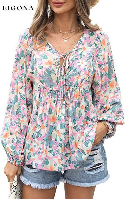Women's Casual Boho Floral Print V Neck Long Sleeve Top Light Pink __stock:200 clothes refund_fee:1200 tops