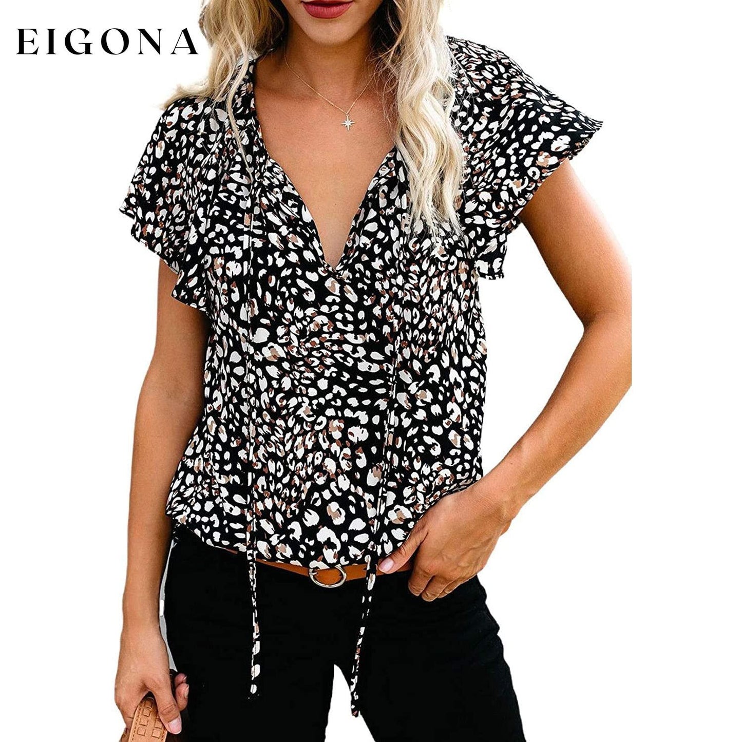 Women's Casual Boho Floral Printed V Neck Tops Drawstring Blouse Black __stock:200 clothes refund_fee:1200 tops