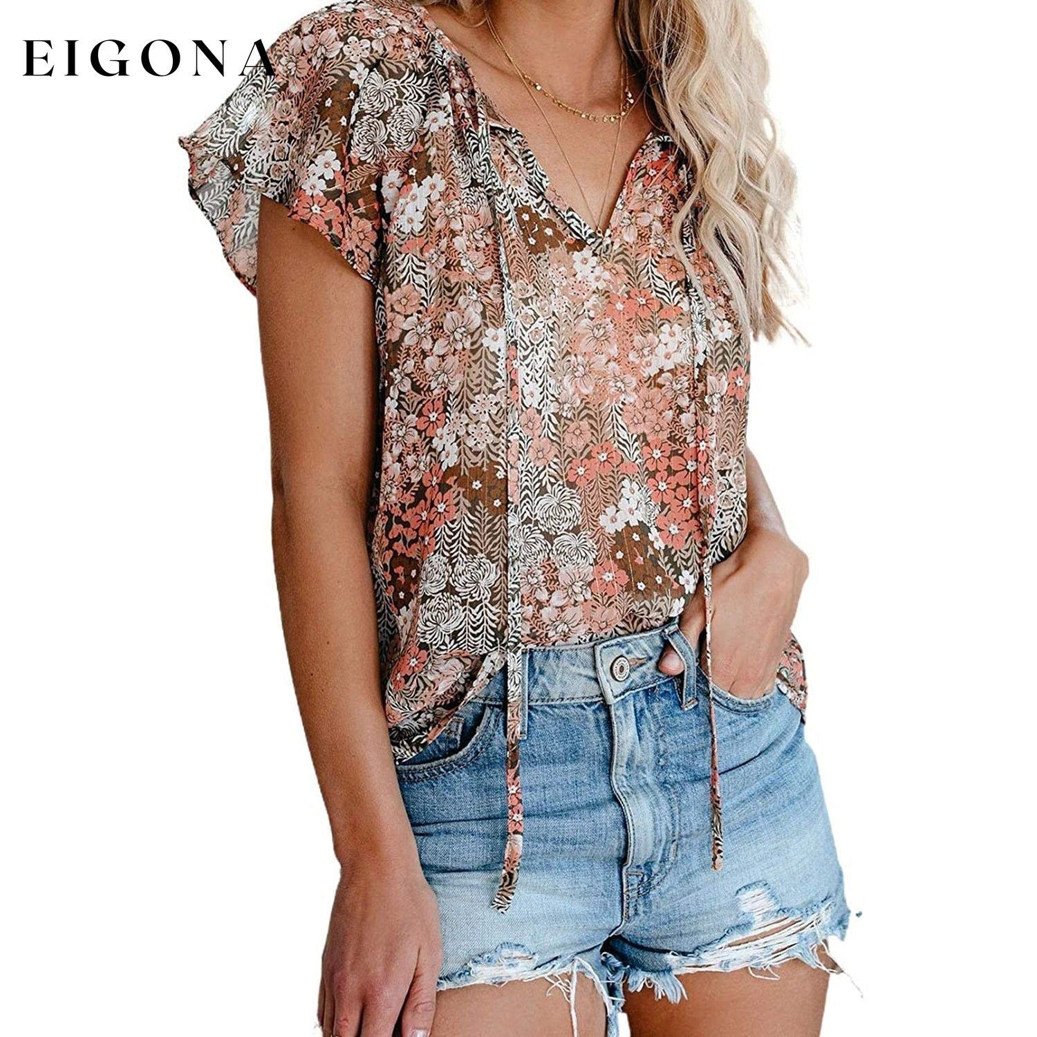 Women's Casual Boho Floral Printed V Neck Tops Drawstring Blouse Khaki __stock:200 clothes refund_fee:1200 tops
