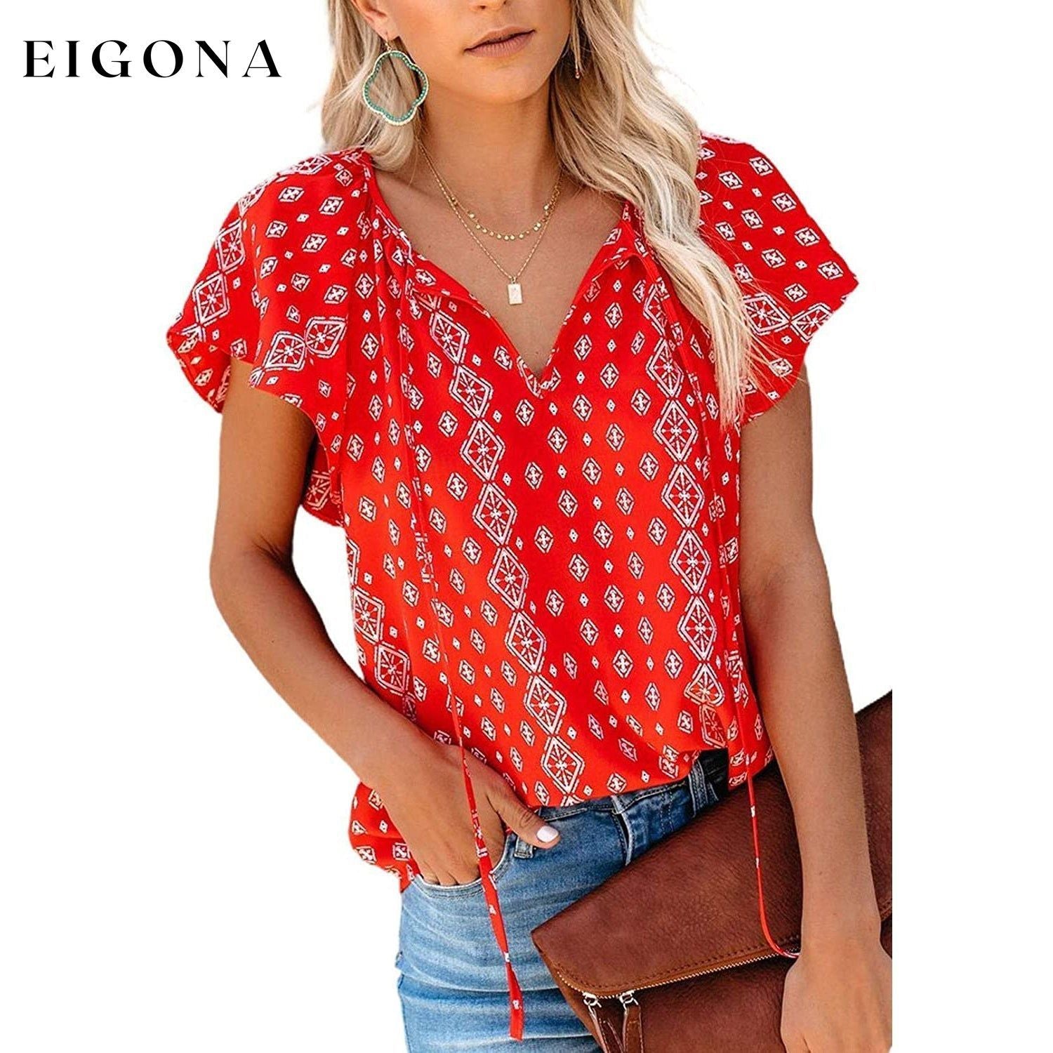 Women's Casual Boho Floral Printed V Neck Tops Drawstring Blouse Red __stock:200 clothes refund_fee:1200 tops