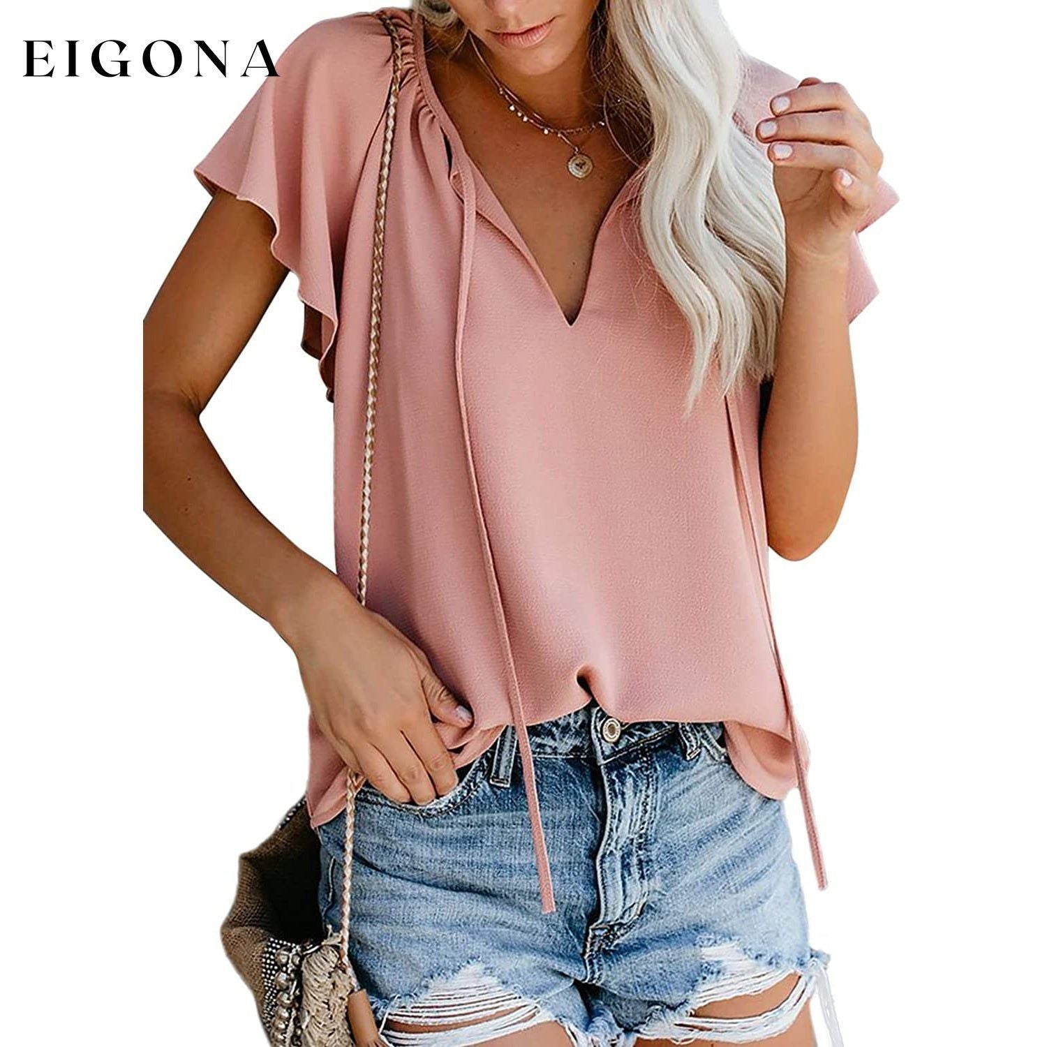 Women's Casual Boho V Neck Tops Drawstring T Shirt Pink __stock:200 clothes refund_fee:1200 tops