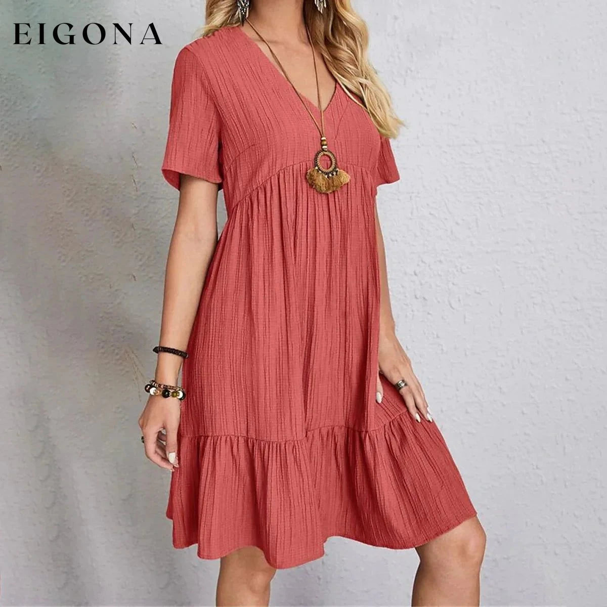 Women's Casual Dress Ruffle V Neck Midi Shift Dress Red __stock:400 casual dresses clothes dresses refund_fee:1200