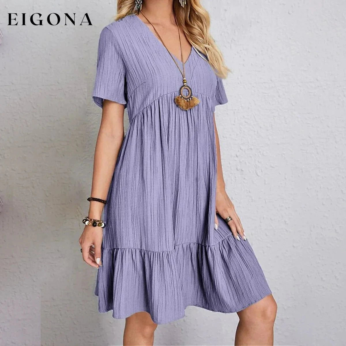 Women's Casual Dress Ruffle V Neck Midi Shift Dress Purple __stock:400 casual dresses clothes dresses refund_fee:1200