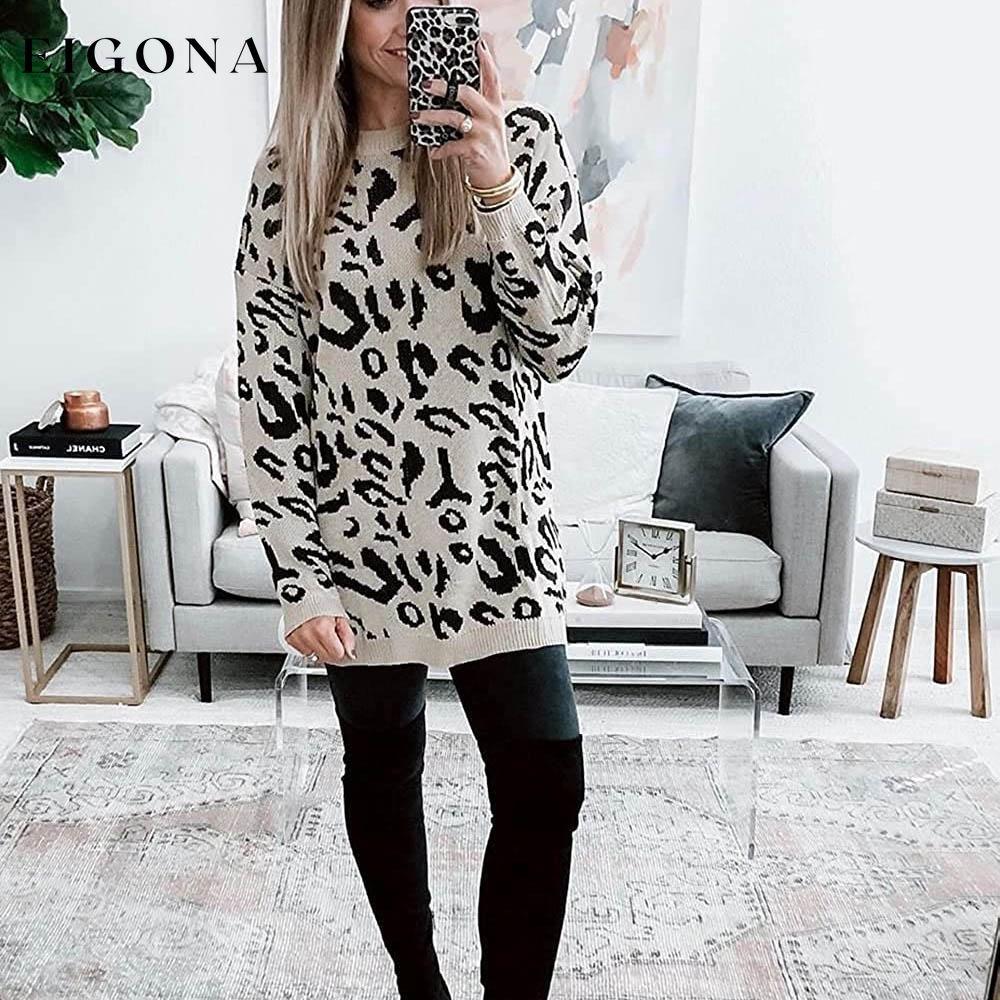Women’s Casual Leopard Print Long Sleeve Crew Neck Knitted Oversized Pullover Sweaters Tops __stock:100 clothes refund_fee:1200 tops