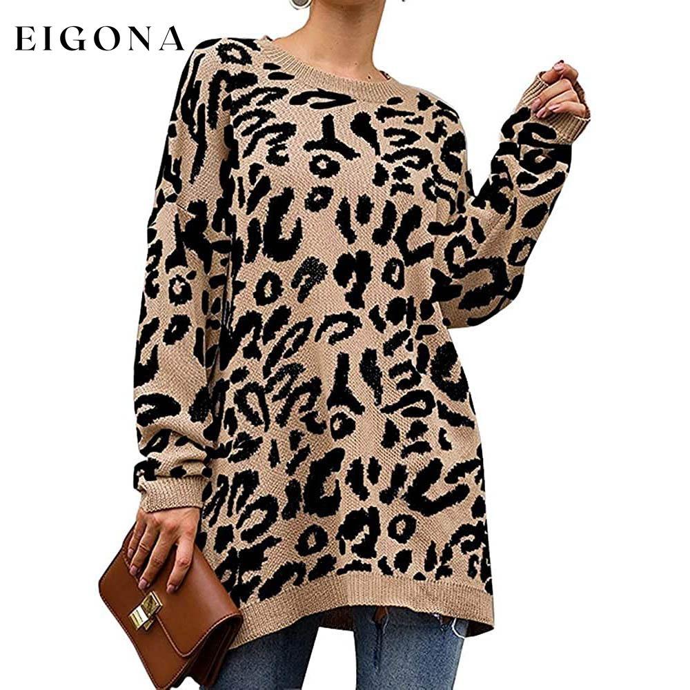 Women’s Casual Leopard Print Long Sleeve Crew Neck Knitted Oversized Pullover Sweaters Tops Khaki __stock:100 clothes refund_fee:1200 tops