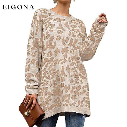 Women’s Casual Leopard Print Long Sleeve Crew Neck Knitted Oversized Pullover Sweaters Tops White __stock:100 clothes refund_fee:1200 tops
