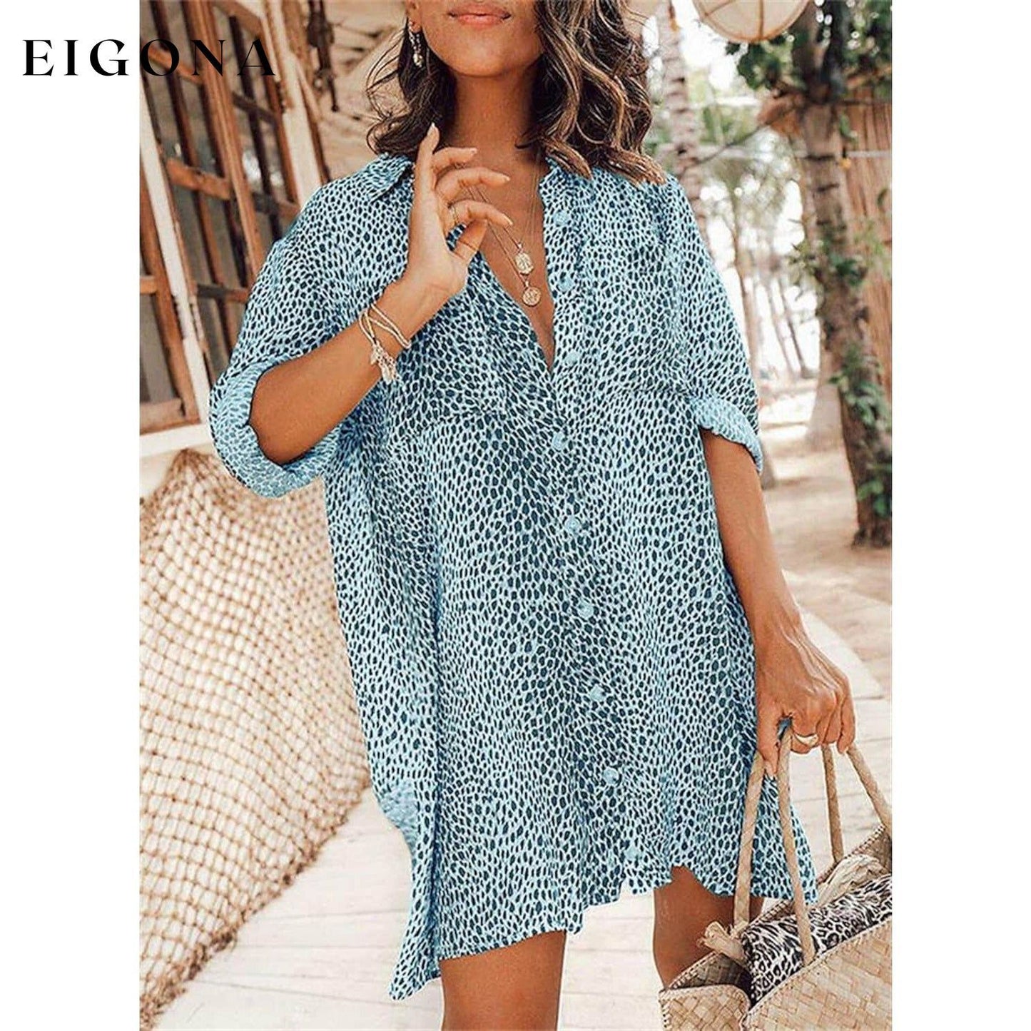 Women's Casual Leopard Print Shirt Dress Light Blue __stock:200 casual dresses clothes dresses refund_fee:1200