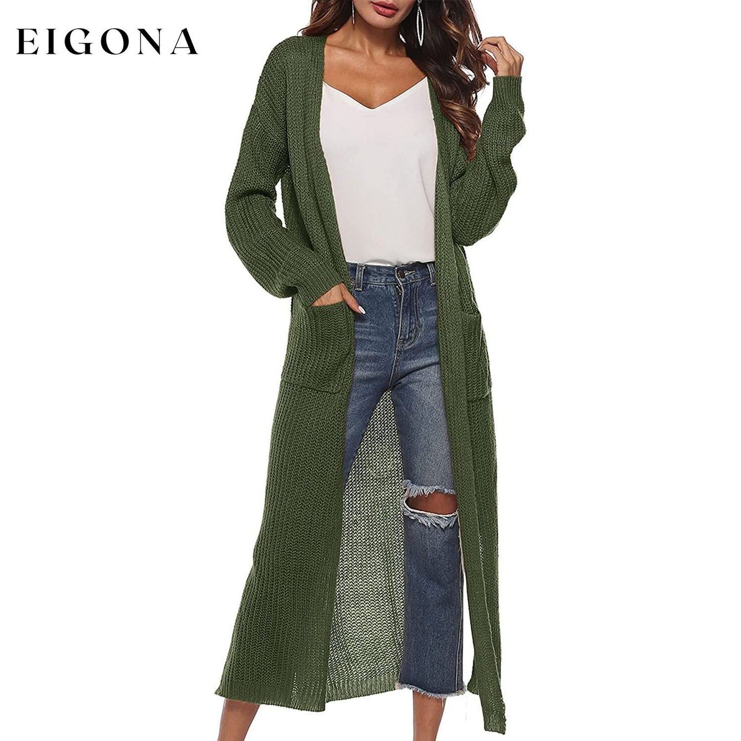 Womens Casual Long Sleeve Split Open Cardigan Knit Long Cardigan Sweaters with Pockets Army Green __stock:50 Jackets & Coats refund_fee:1200