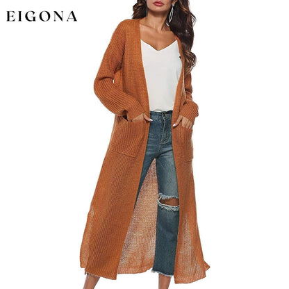 Womens Casual Long Sleeve Split Open Cardigan Knit Long Cardigan Sweaters with Pockets Brown __stock:50 Jackets & Coats refund_fee:1200