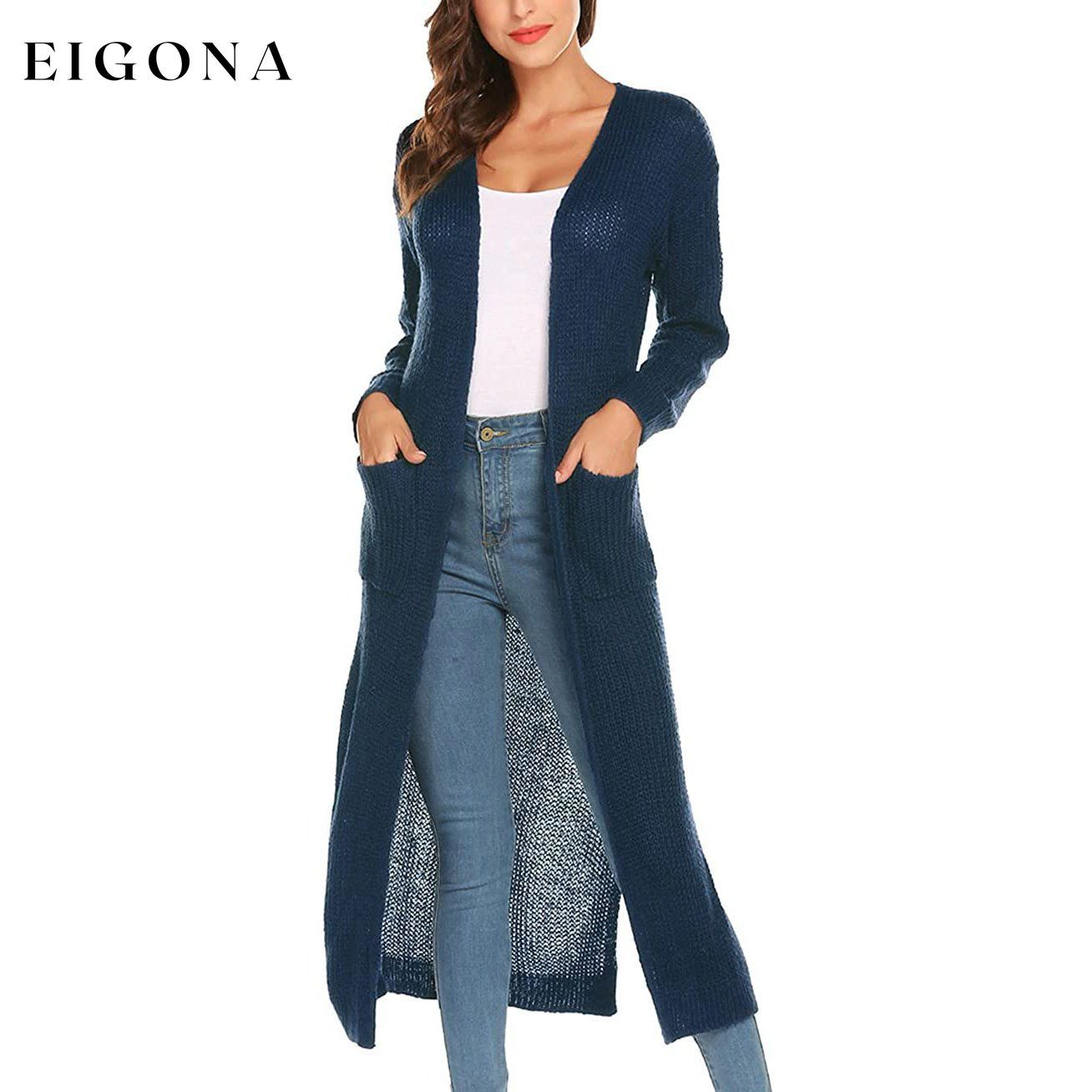 Womens Casual Long Sleeve Split Open Cardigan Knit Long Cardigan Sweaters with Pockets Navy __stock:50 Jackets & Coats refund_fee:1200