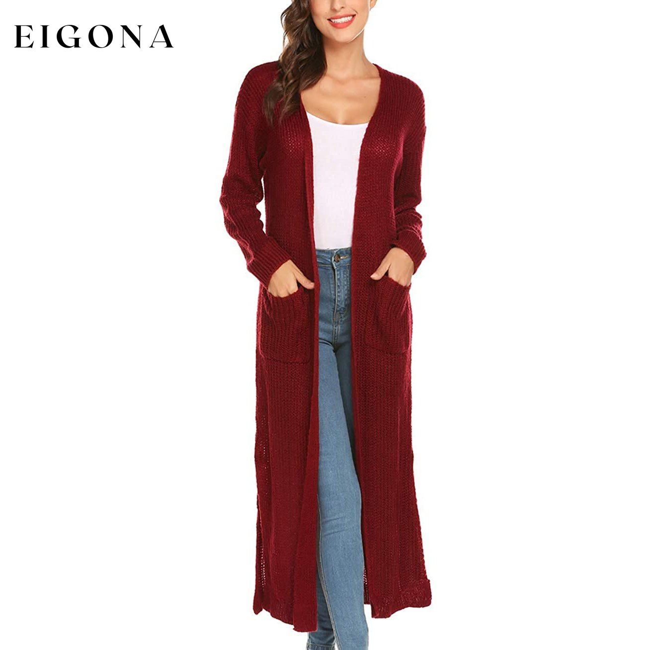 Womens Casual Long Sleeve Split Open Cardigan Knit Long Cardigan Sweaters with Pockets Wine Red __stock:50 Jackets & Coats refund_fee:1200