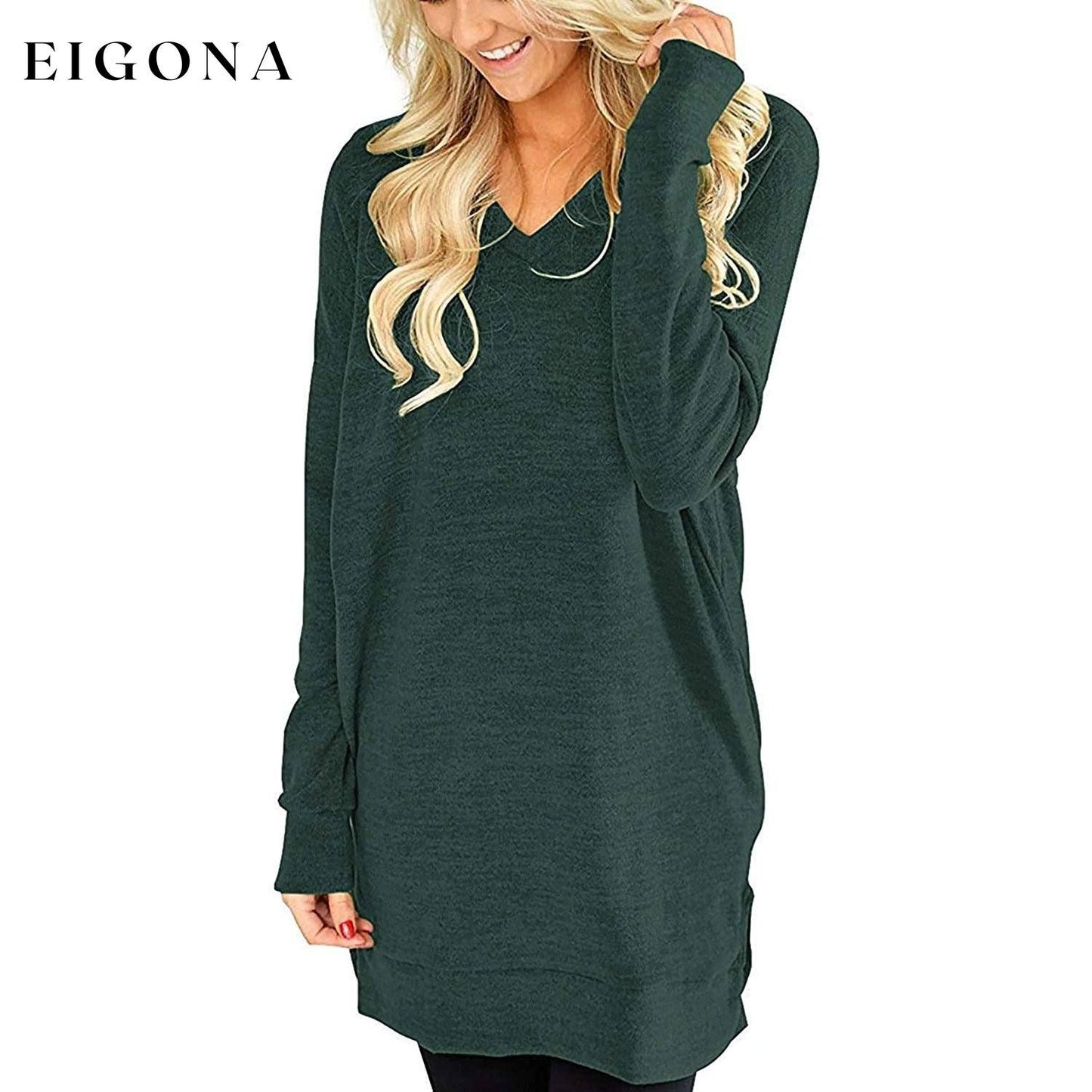 Womens Casual Long Sleeves Solid V-Neck Tunics Shirt Tops with Pockets __stock:50 clothes refund_fee:800 tops