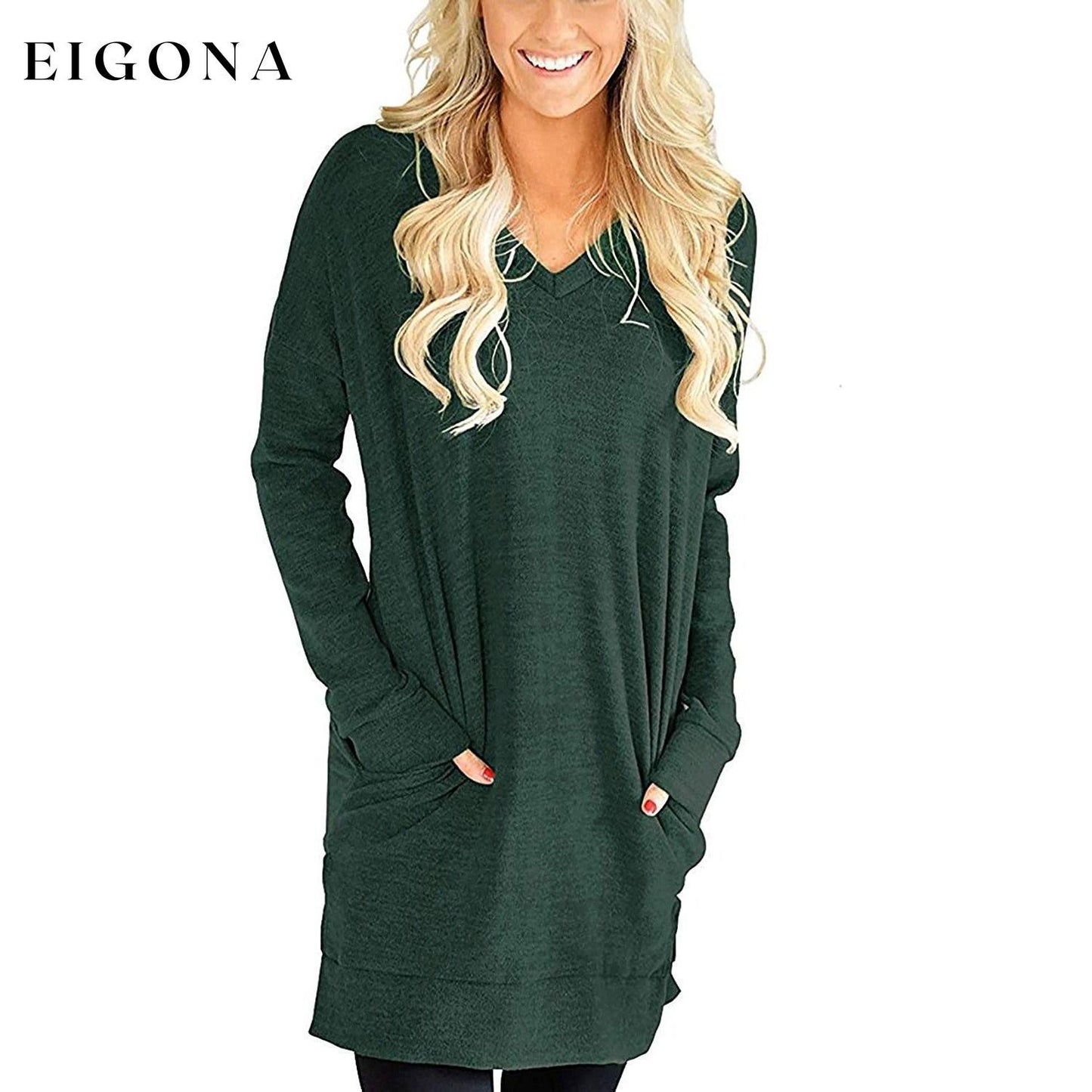 Womens Casual Long Sleeves Solid V-Neck Tunics Shirt Tops with Pockets Green __stock:50 clothes refund_fee:800 tops