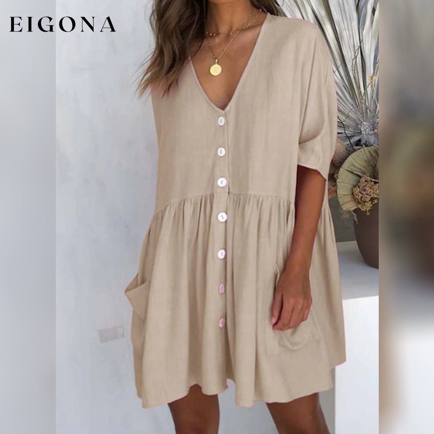 Women's Casual Ruched Loose Fit Dress Khaki casual dresses clothes dresses refund_fee:1200