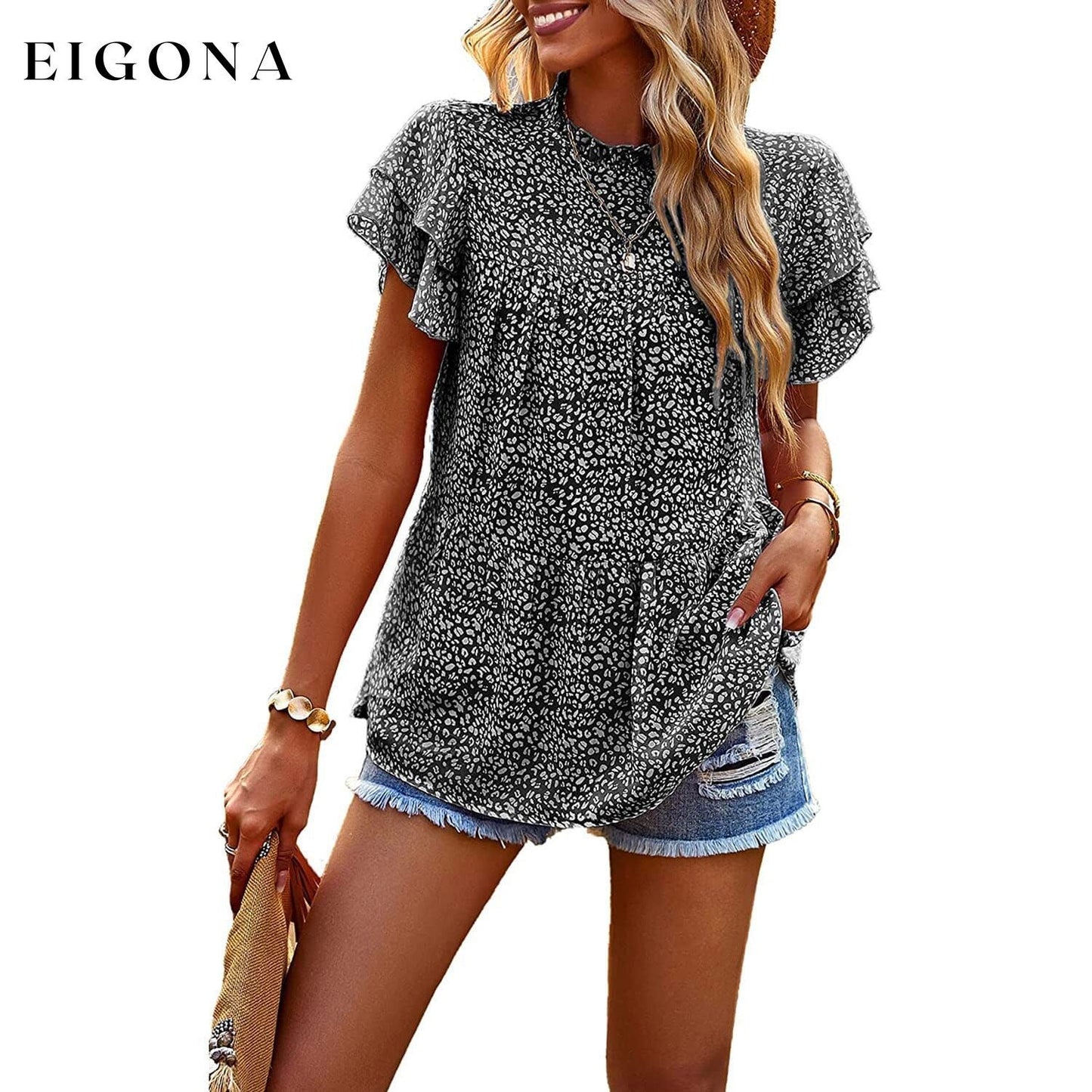 Women's Casual Summer Tops Ruffle Short Sleeve Mock Neck Fashion Floral Chiffon Blouse Shirts Black __stock:200 clothes refund_fee:1200 tops