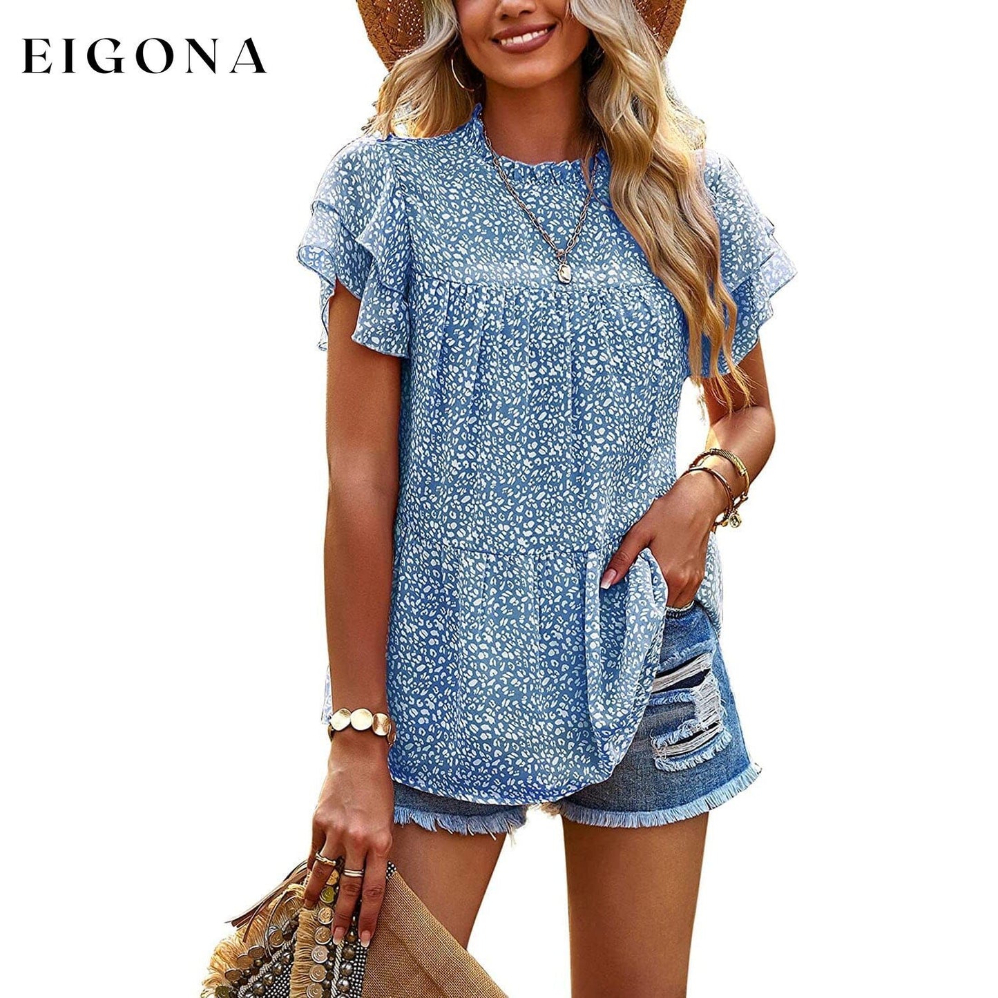 Women's Casual Summer Tops Ruffle Short Sleeve Mock Neck Fashion Floral Chiffon Blouse Shirts Blue __stock:200 clothes refund_fee:1200 tops