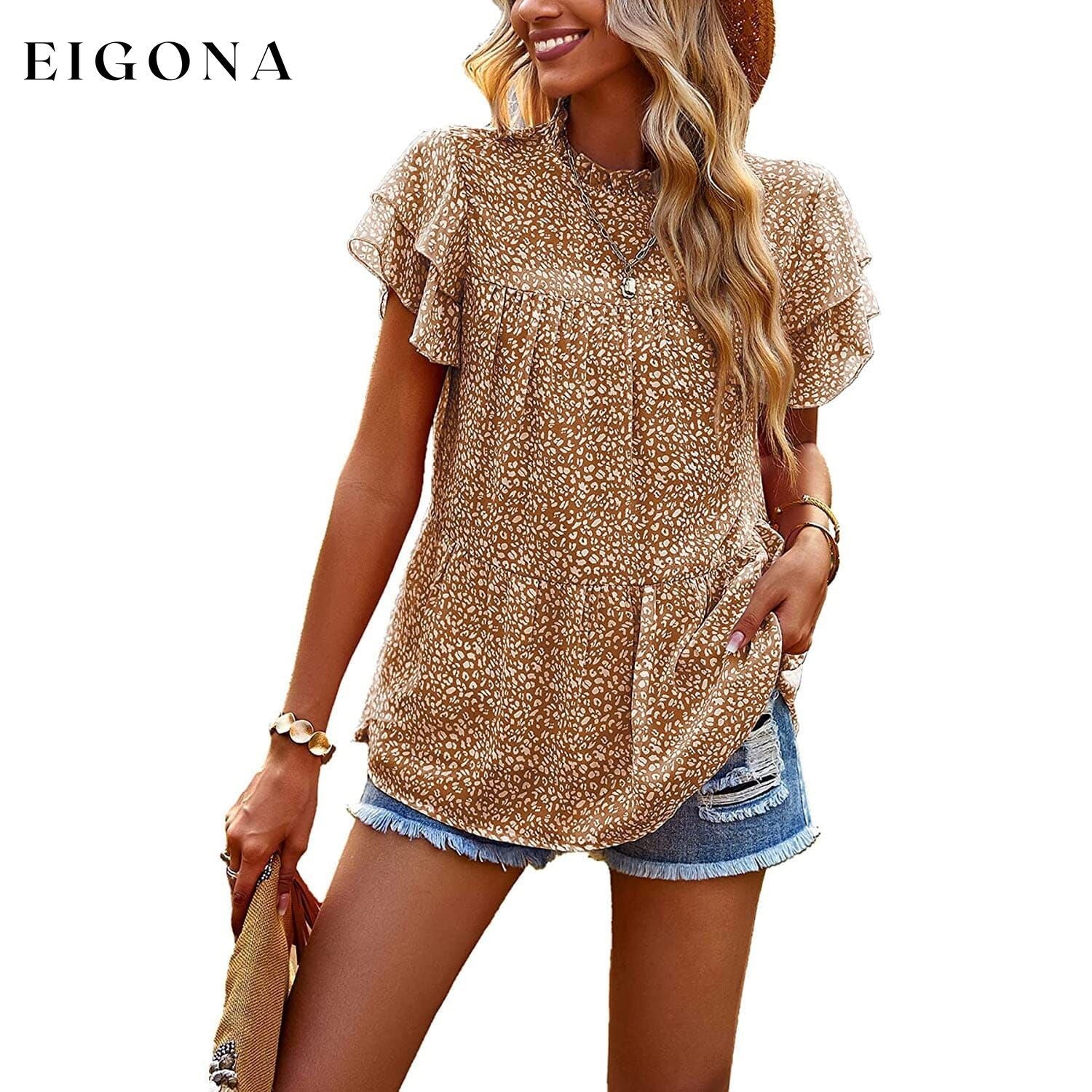 Women's Casual Summer Tops Ruffle Short Sleeve Mock Neck Fashion Floral Chiffon Blouse Shirts Coffee __stock:200 clothes refund_fee:1200 tops